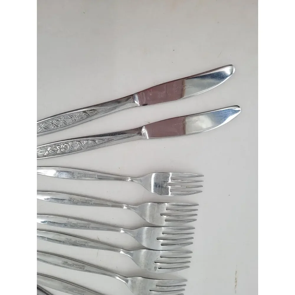 Eldan ELD18 Stainless Flatware Set Japan Roses Textured 24 Pc Tableware